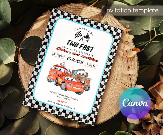 Cars Lightning Mcqueen Two customizable invitation template | Share or Print | boy | DJ749
