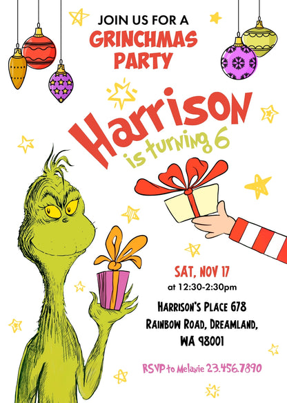 Dr Seuss How the Grinch Stole Christmas customizable invitation template | Share or Print | TL855