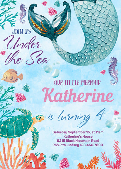 The Little Mermaid Ariel customizable invitation template | Share or Print | girl | FG096