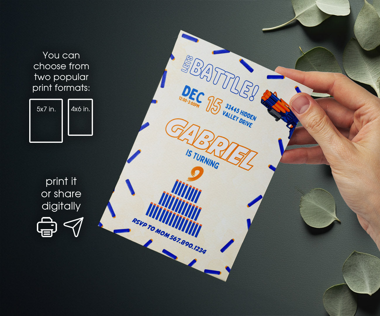 NERF Dart Wars customizable invitation template | Share or Print | boy | EO657