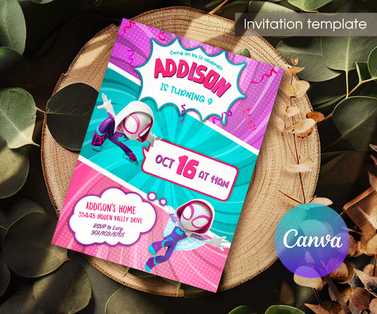 Spider Gwen Ghost Spidey customizable invitation template | Share or Print | girl | KN222