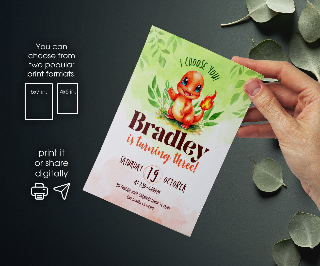 Charmander Pokemon Anime customizable invitation template | Share or Print | YM610