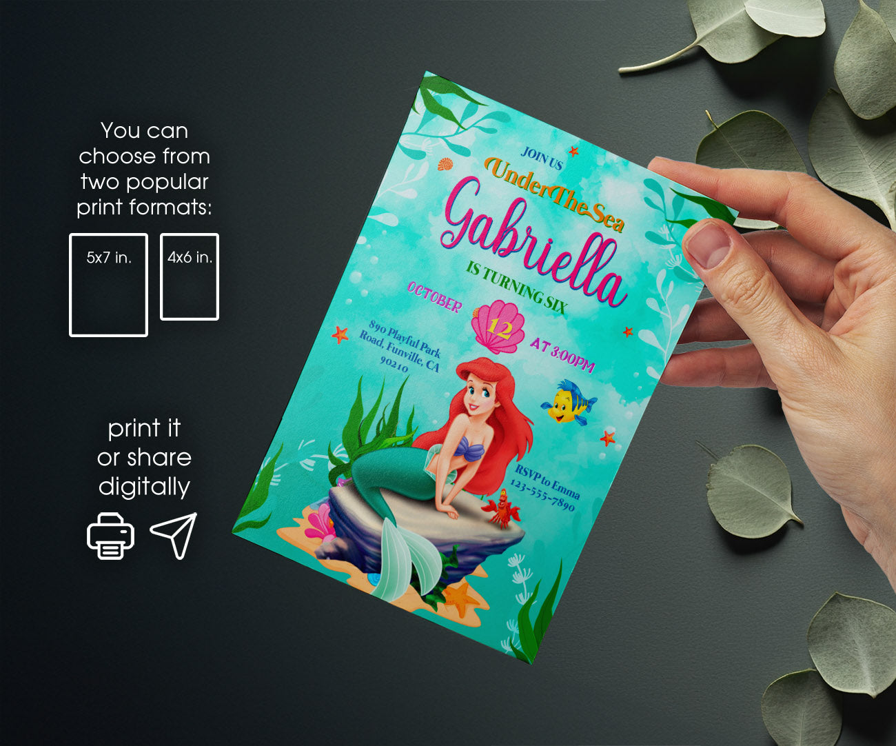 Ariel The Little Mermaid customizable invitation template | Share or Print | girl | UE444