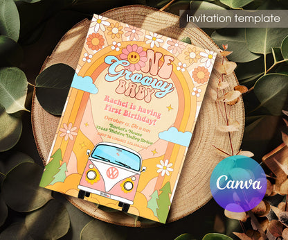 Groovy 1st Bday Hippie Van customizable invitation template | Share or Print | XM369