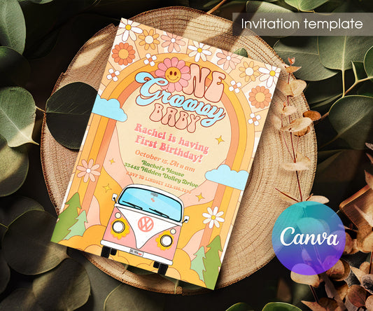 Groovy 1st Bday Hippie Van customizable invitation template | Share or Print | XM369