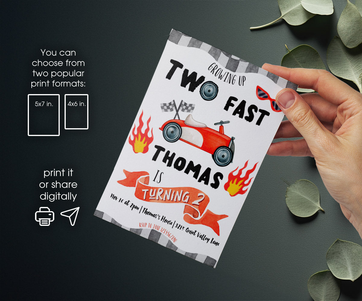 Race Car 2nd Bday Watercolor customizable invitation template | Share or Print | boy | RB042