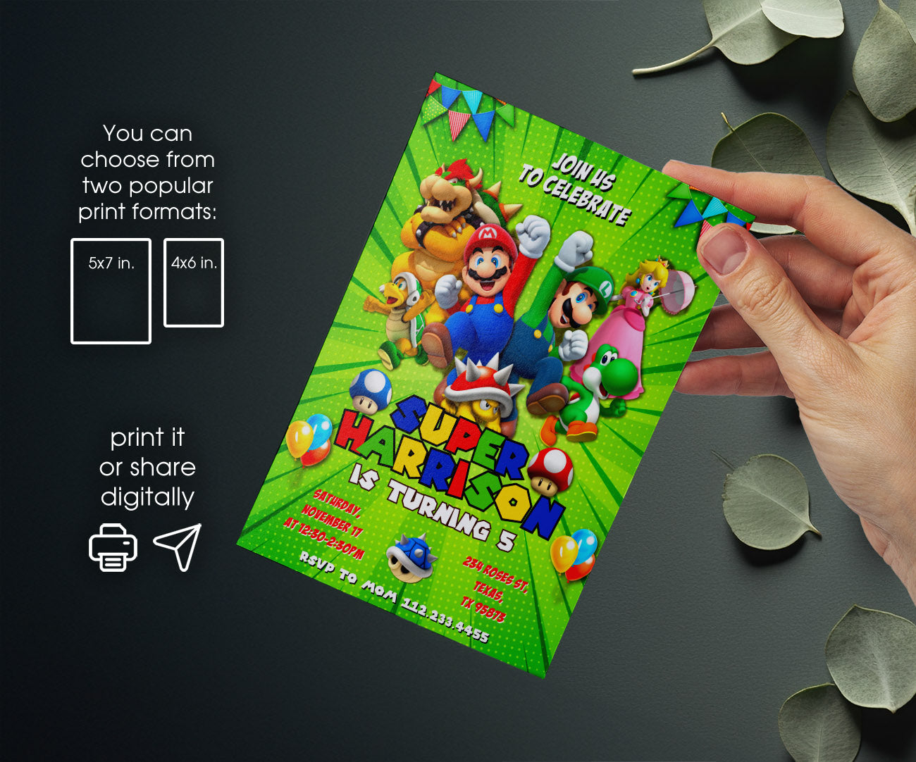 Super Mario Bros customizable invitation template | Share or Print | BD431