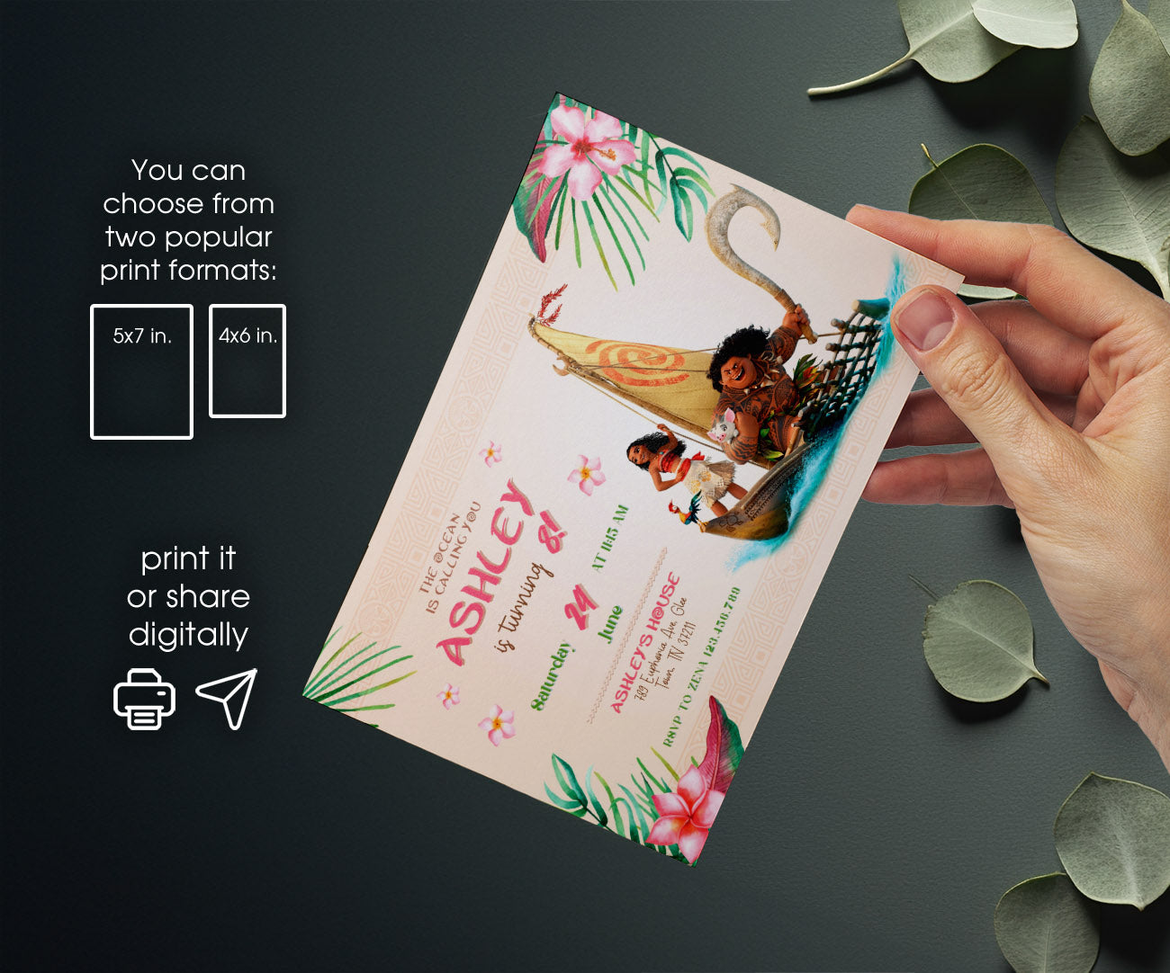 Moana Princess customizable invitation template | Share or Print | girl | FH152