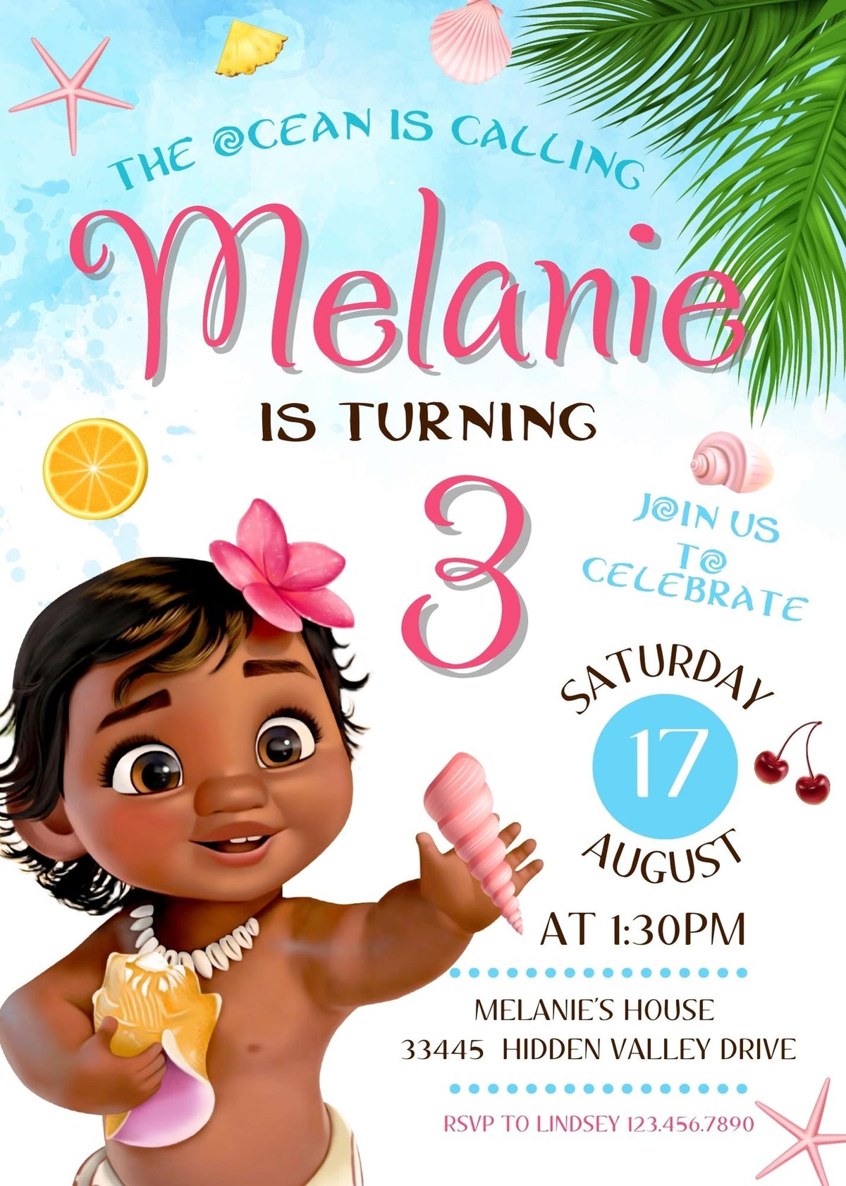Moana Princess customizable invitation template | Share or Print | girl | JA283