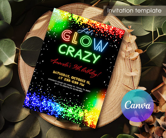 Lets Glow Crazy customizable invitation template | Share or Print | UP821