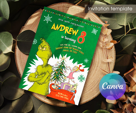 Dr Seuss How the Grinch Stole Christmas customizable invitation template | Share or Print | BR002