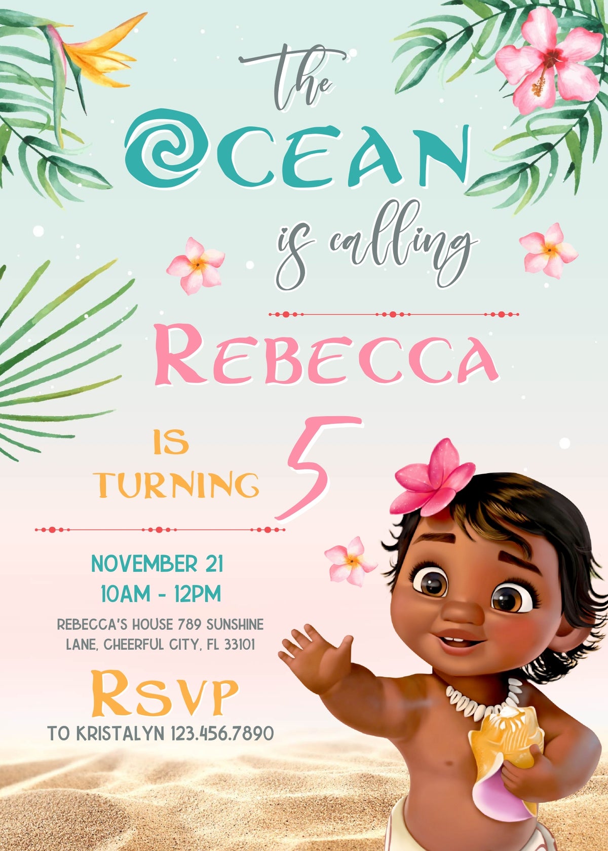 Moana Princess customizable invitation template | Share or Print | girl | XU092