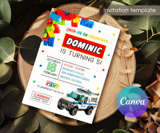 Lego Police Car customizable invitation template | Share or Print | boy | ZT770