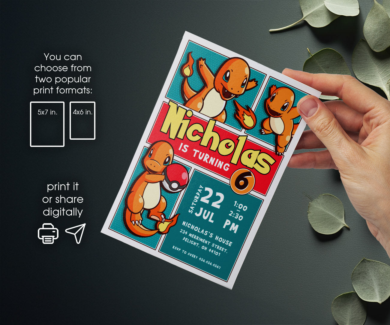Charmander Pokemon Anime customizable invitation template | Share or Print | SC817