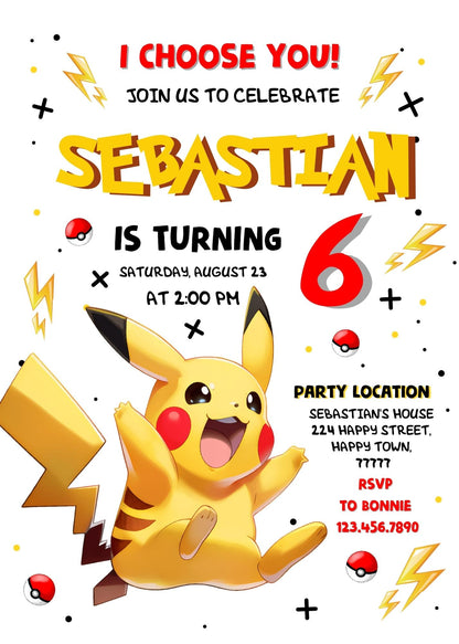 Pokemon Pikachu customizable invitation template | Share or Print | MW721