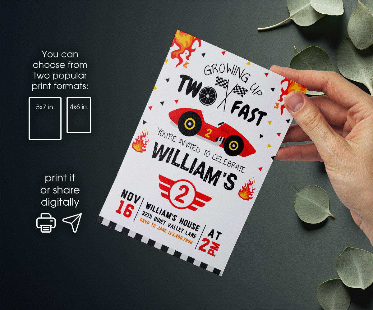 Race Car 2nd Bday Watercolor customizable invitation template | Share or Print | boy | TN151