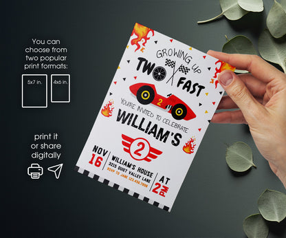 Race Car 2nd Bday Watercolor customizable invitation template | Share or Print | boy | TN151