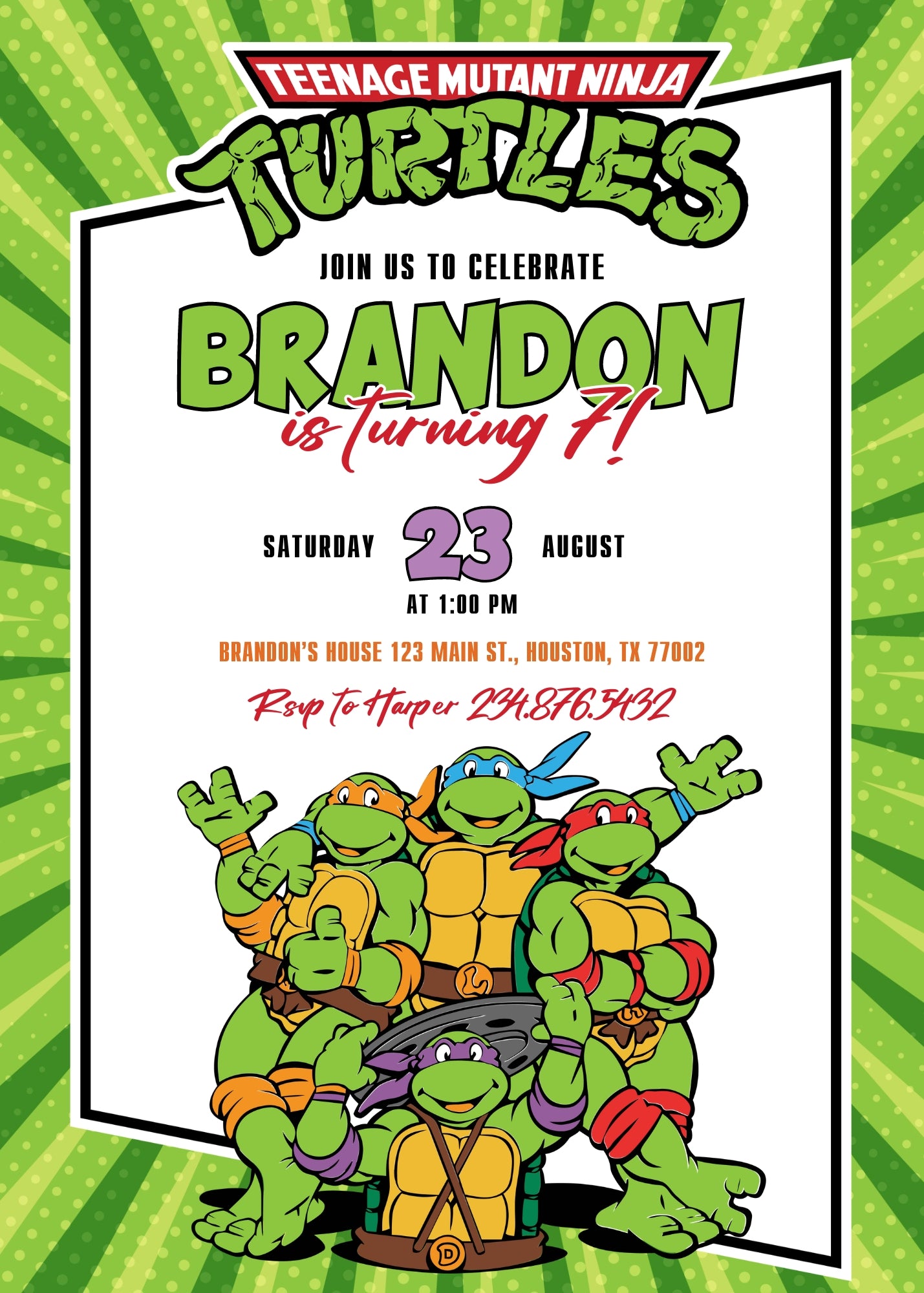 Teenage Mutant Ninja Turtles customizable invitation template | Share or Print | boy | JW374