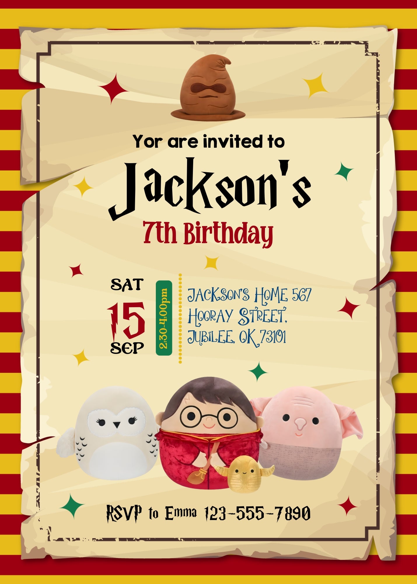 Squishmallows Harry Potter customizable invitation template | Share or Print | HJ524