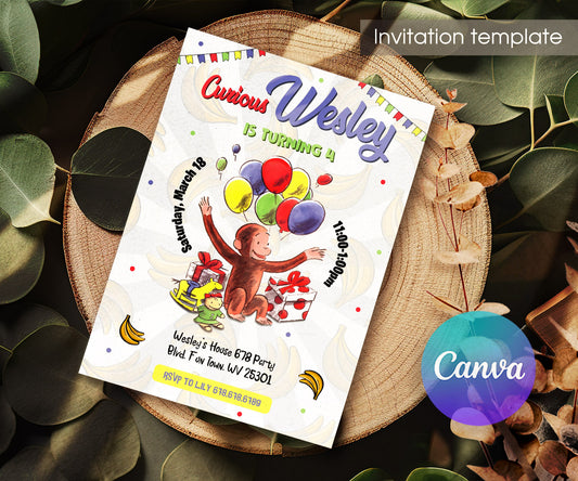 Curious George Monkey customizable invitation template | Share or Print | FN009
