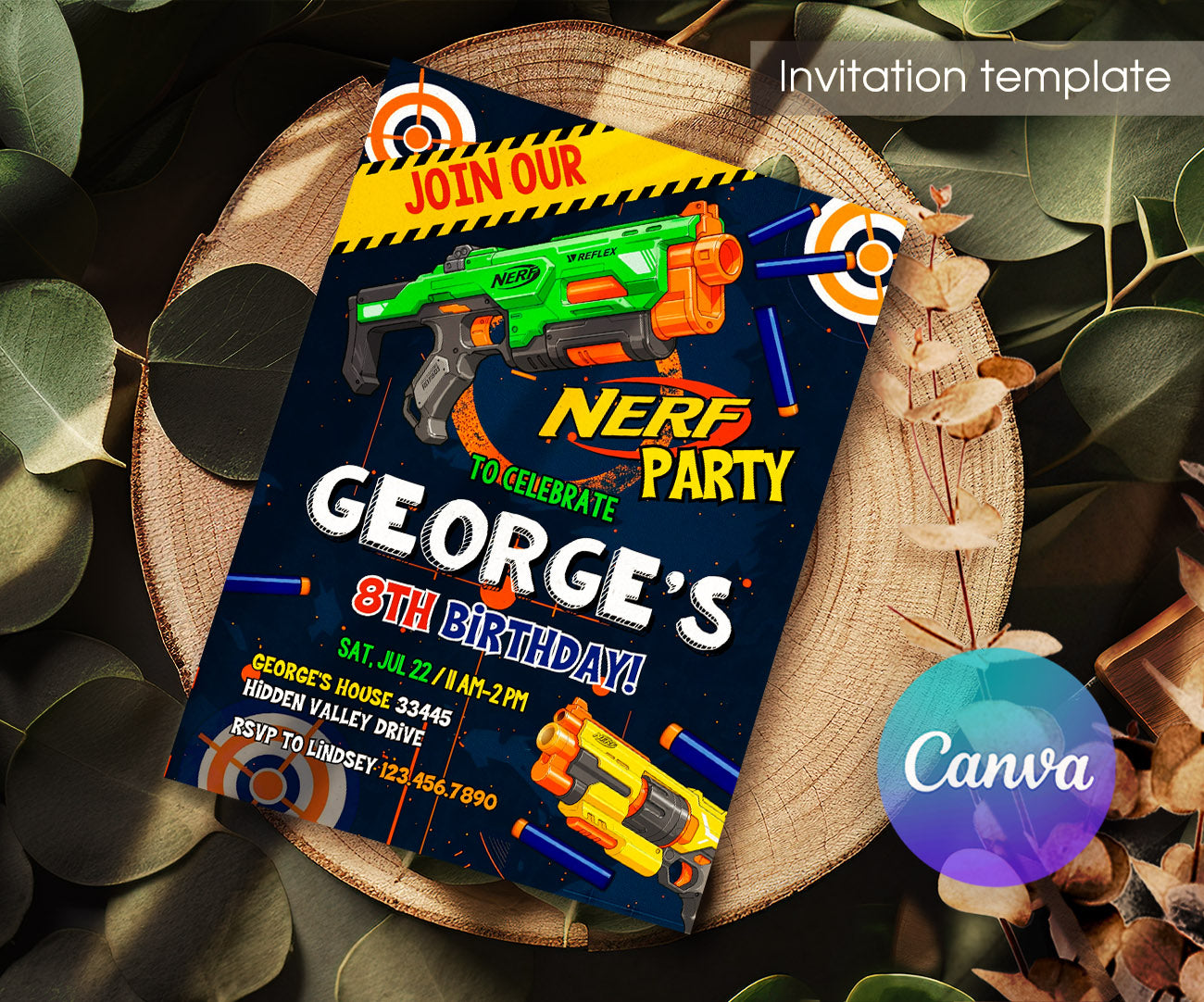 NERF Dart Wars customizable invitation template | Share or Print | boy | WD219