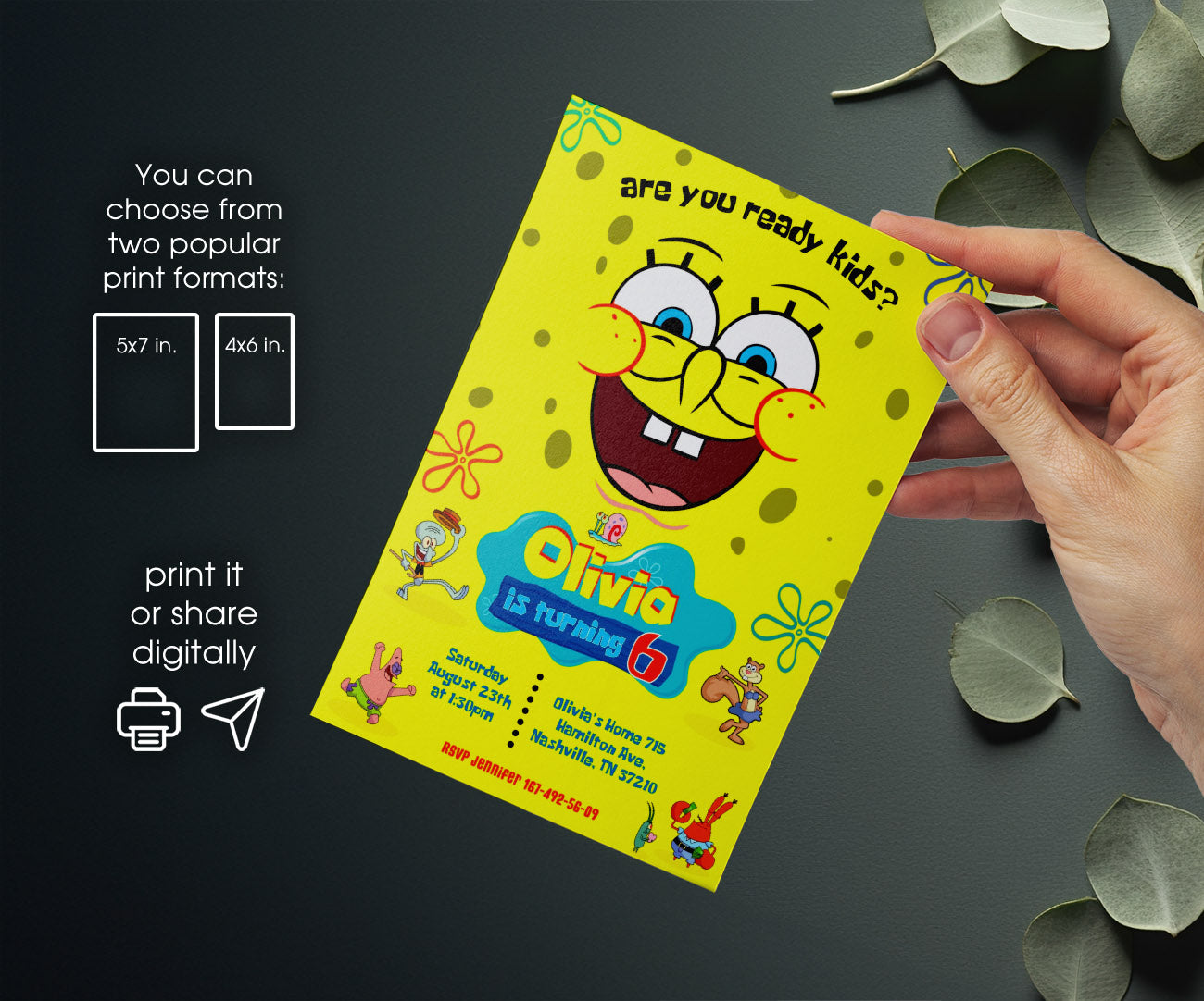 SpongeBob SquarePant customizable invitation template | Share or Print | YF820