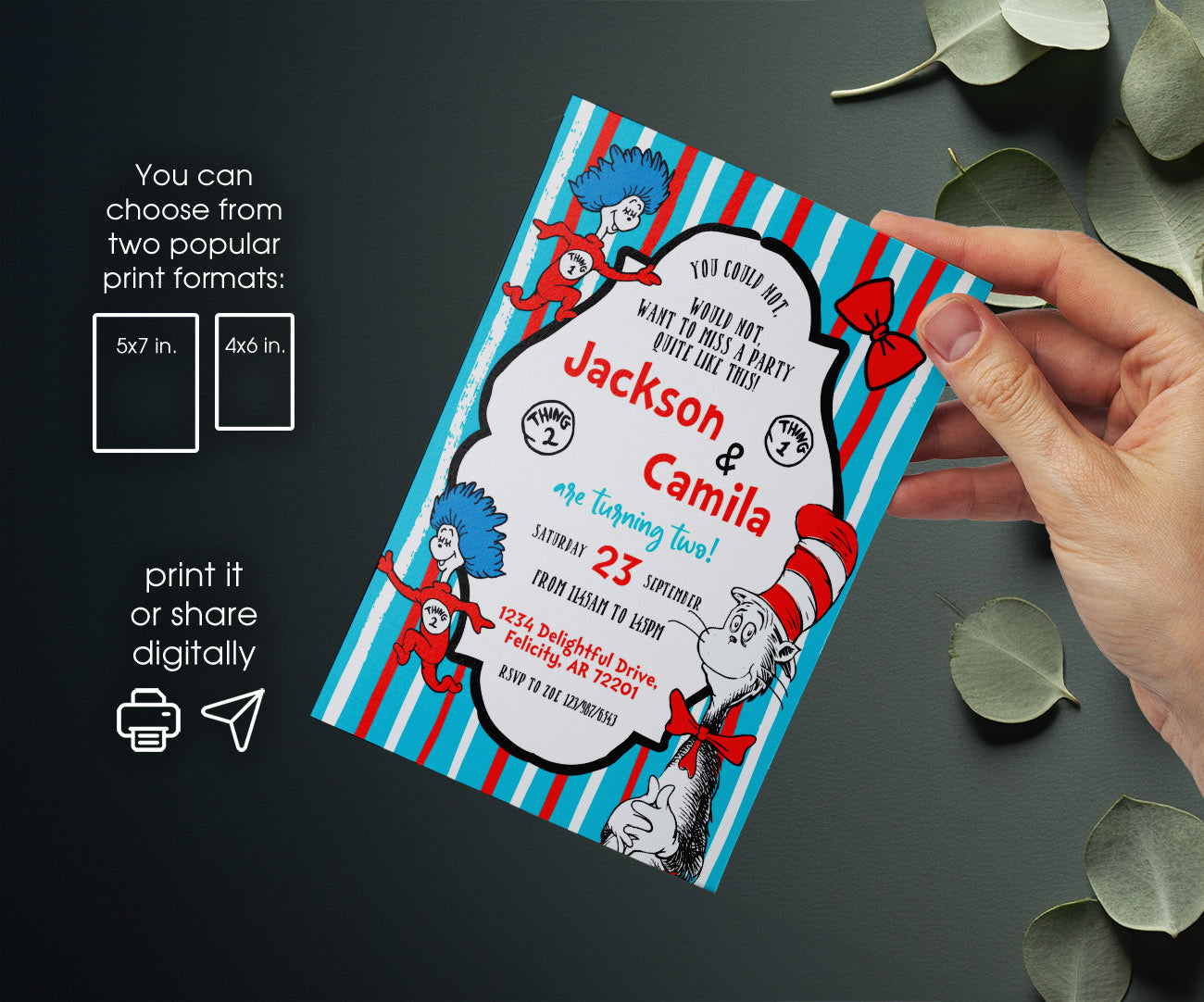 Dr Seuss The Cat in the Hat Twins customizable invitation template | Share or Print | AN725