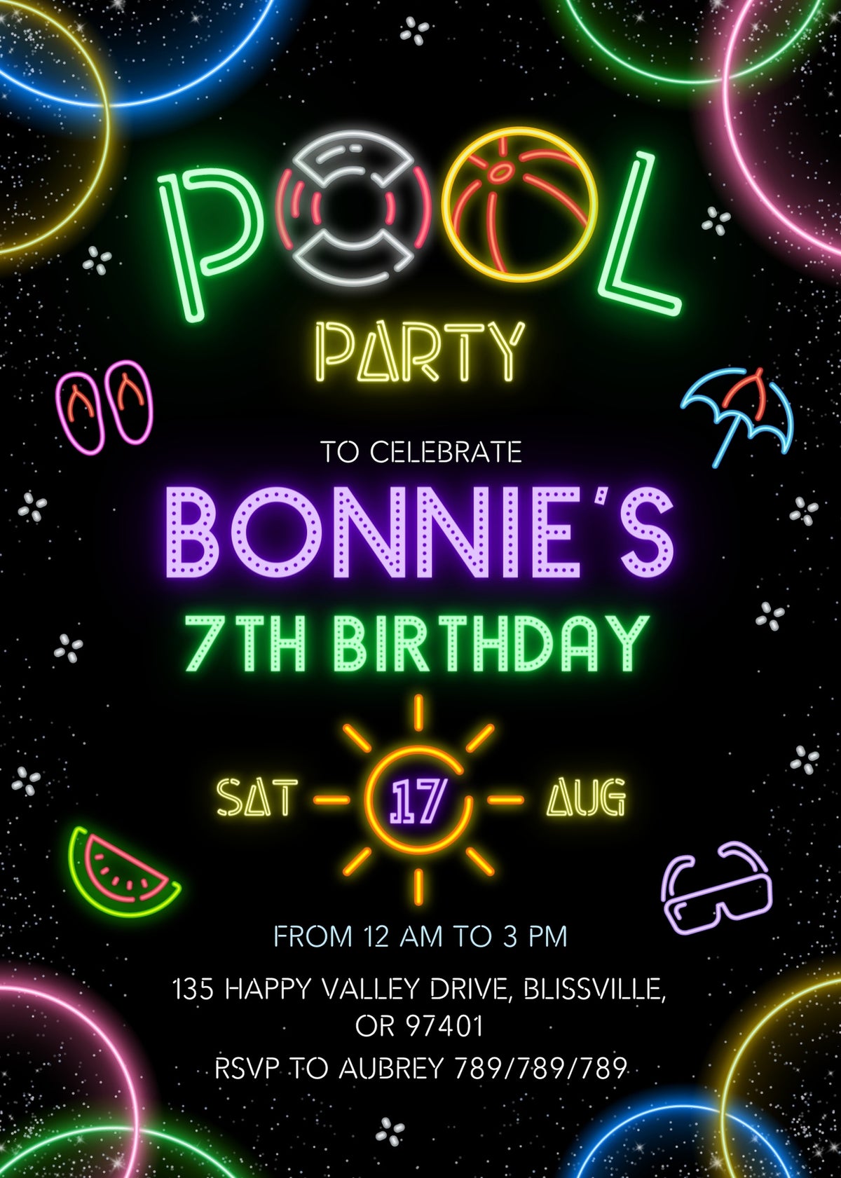 Neon Pool Party customizable invitation template | Share or Print | girl | RH762