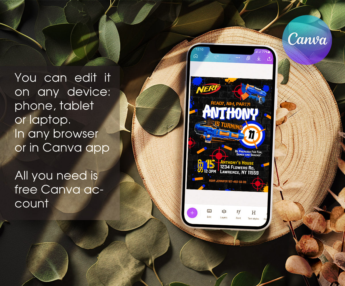 NERF Dart Wars customizable invitation template | Share or Print | boy | QX390