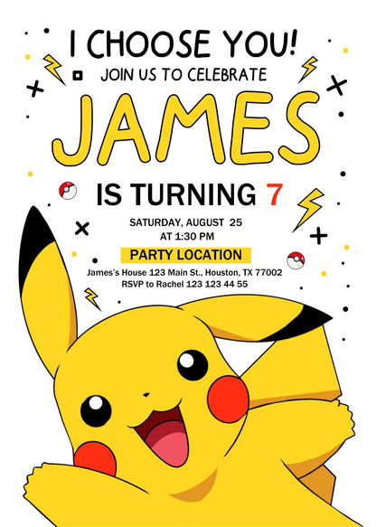 Pokemon Pikachu customizable invitation template | Share or Print | XA177