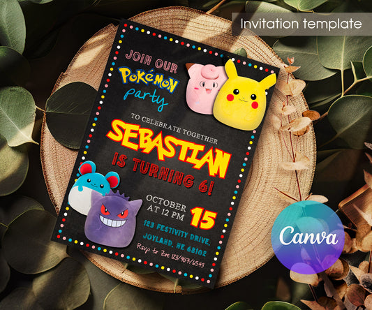 Squish Pokemon Pikachu customizable invitation template | Share or Print | CK354