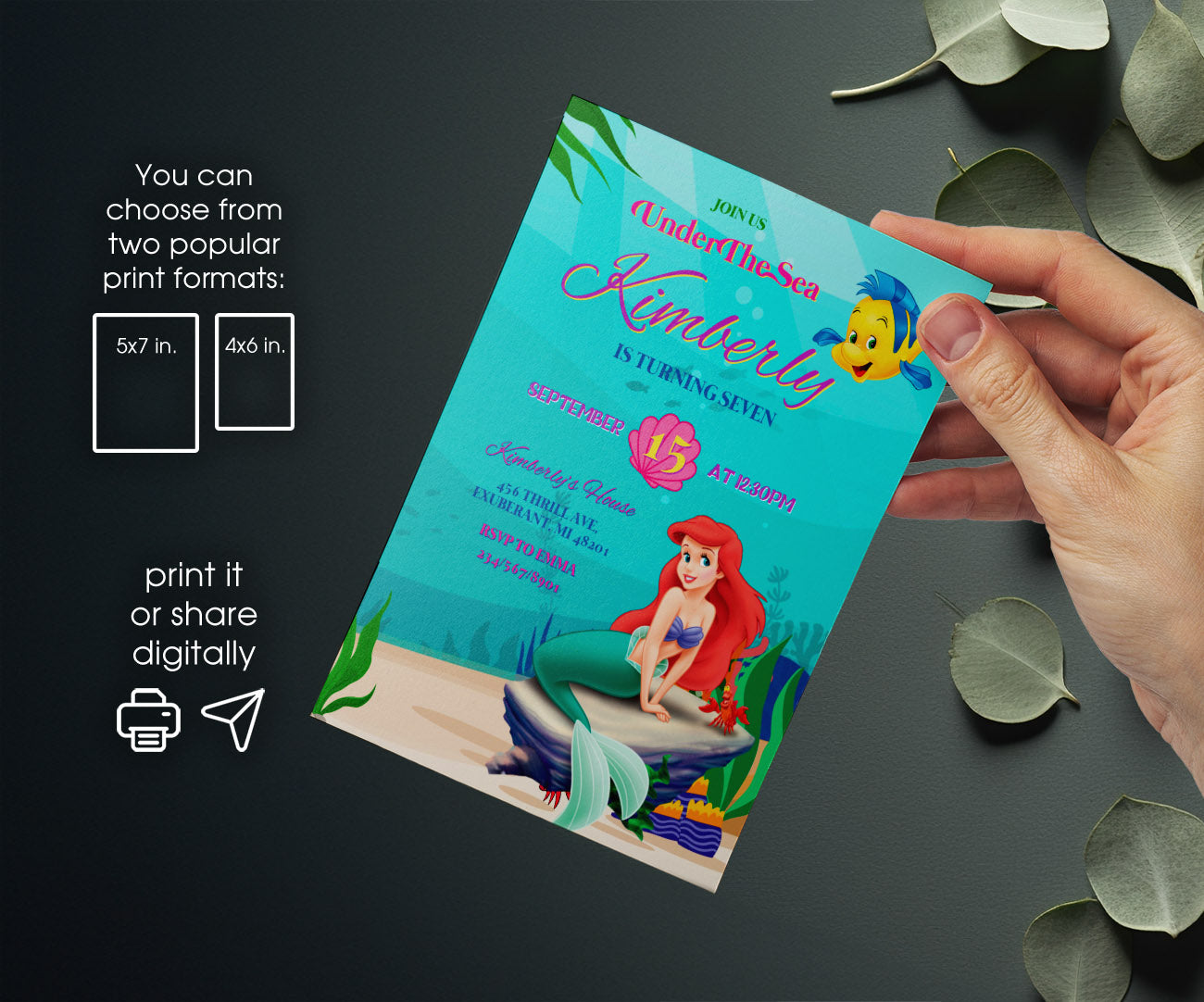 Ariel The Little Mermaid customizable invitation template | Share or Print | girl | GL198