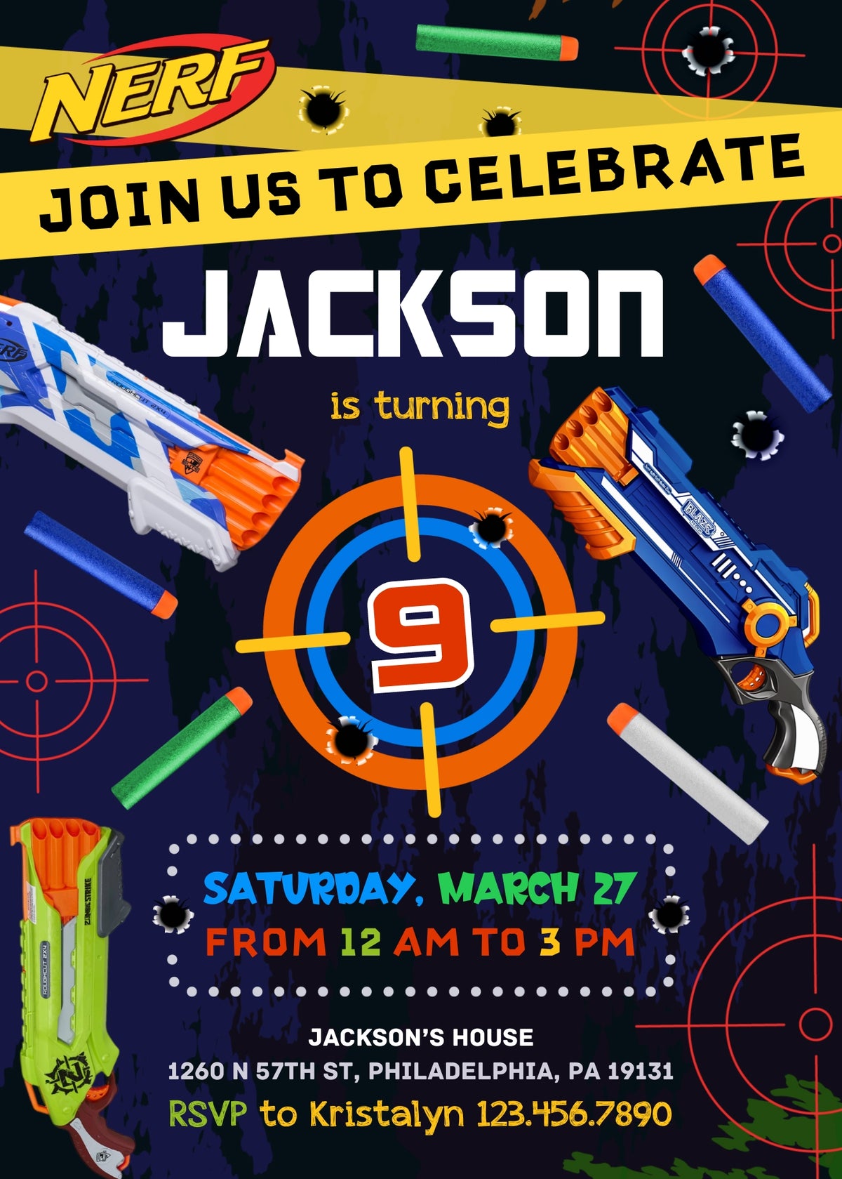 NERF Dart Wars customizable invitation template | Share or Print | boy | HA341