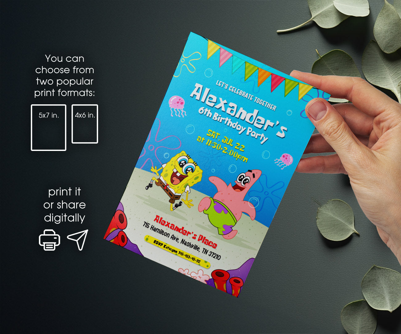 SpongeBob SquarePant customizable invitation template | Share or Print | EG717