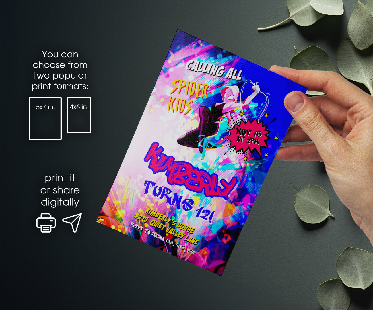 Spider Gwen Ghost Spidey customizable invitation template | Share or Print | girl | OP642