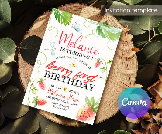 Berry First Birthday customizable invitation template | Share or Print | girl | GR803