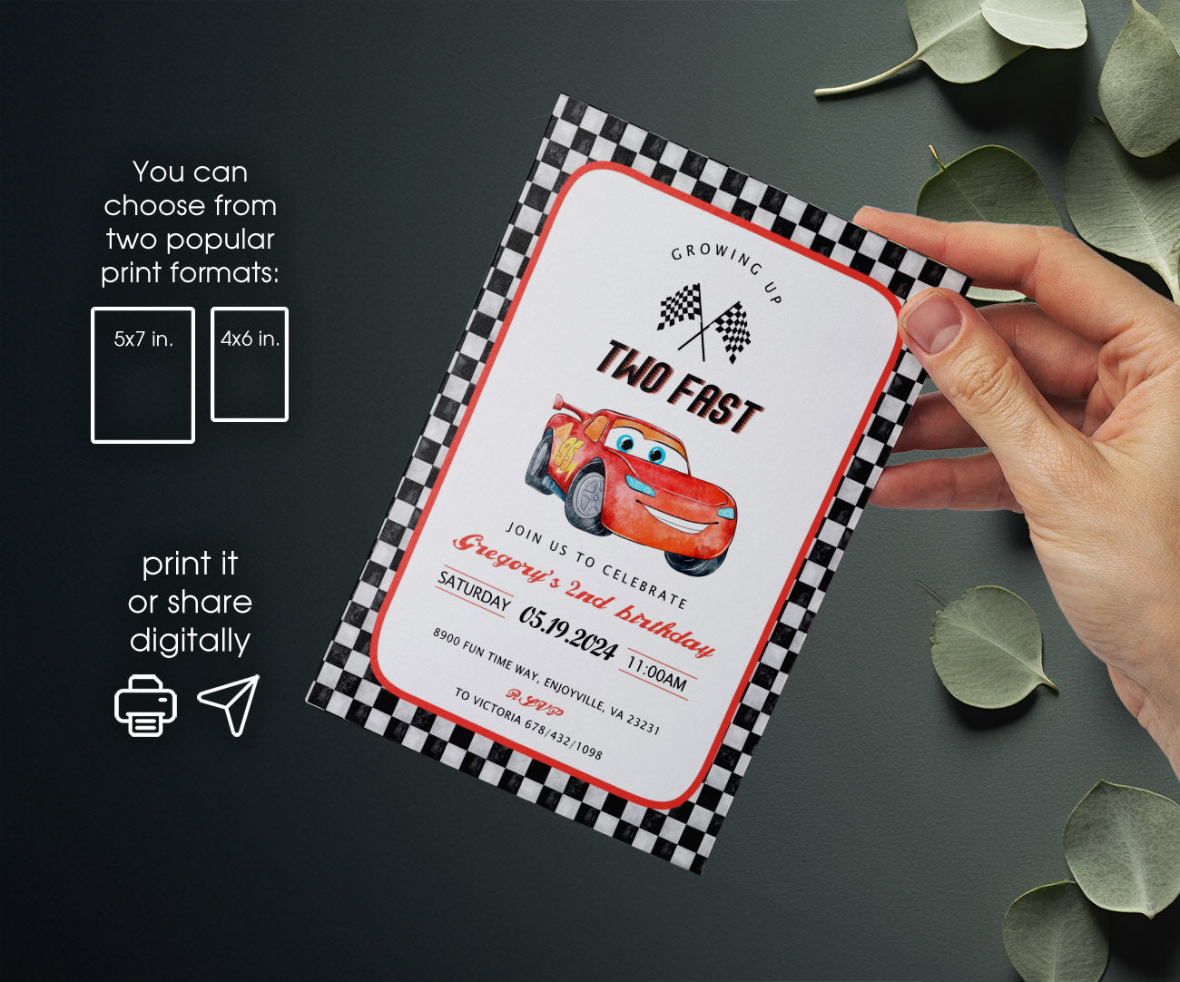 Cars Lightning Mcqueen Two customizable invitation template | Share or Print | boy | VT115