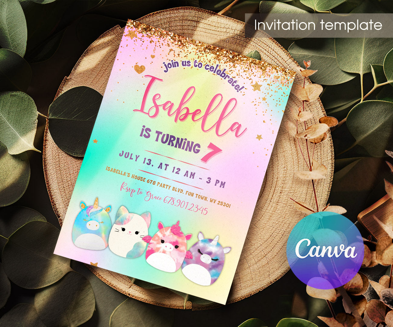 Squishmallows customizable invitation template | Share or Print | DZ094