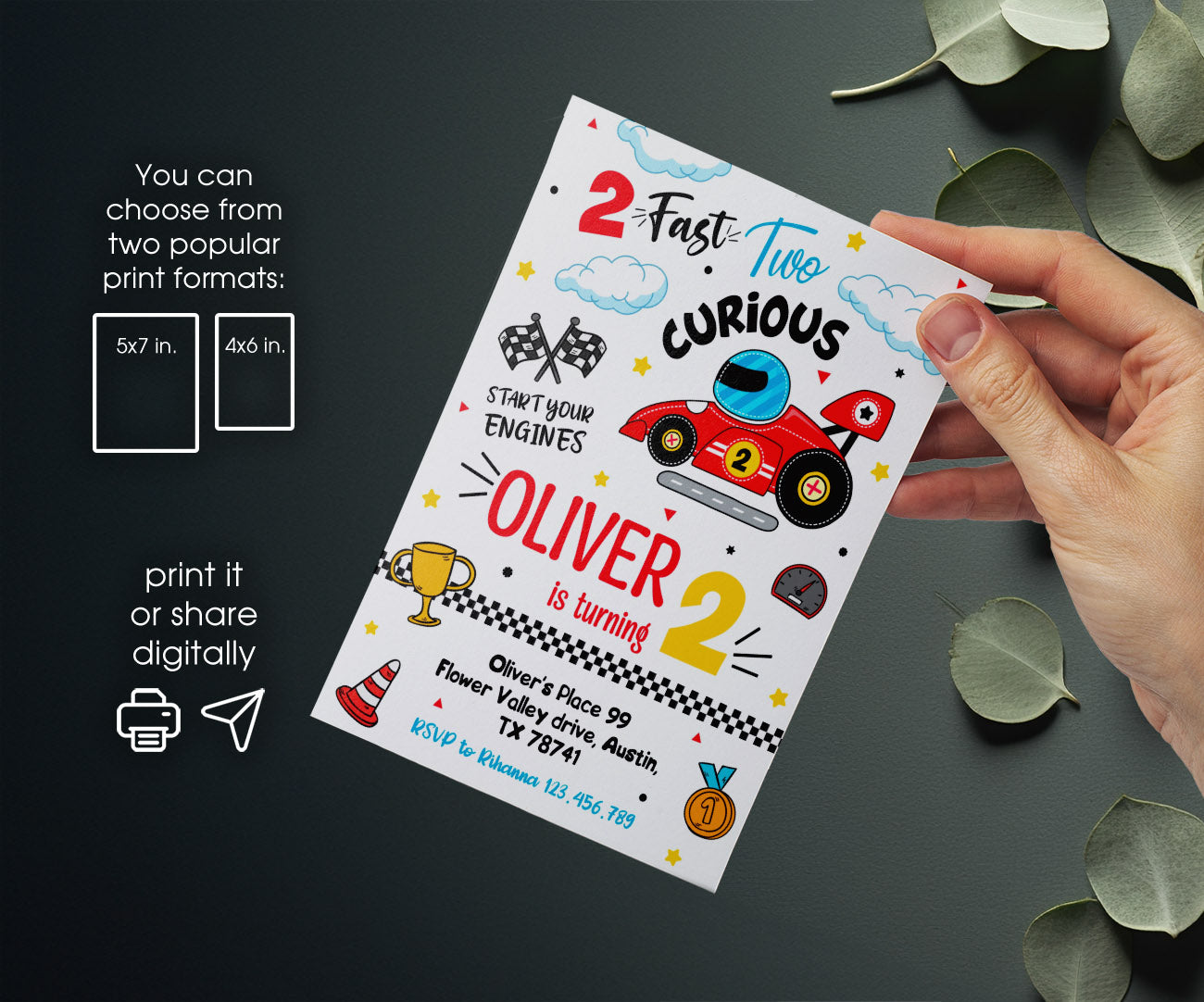 Race Car 2nd Bday Watercolor customizable invitation template | Share or Print | boy | VR352