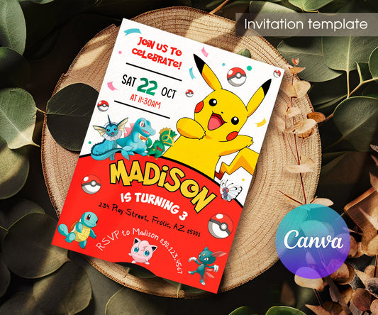 Pokemon Pikachu customizable invitation template | Share or Print | KT223