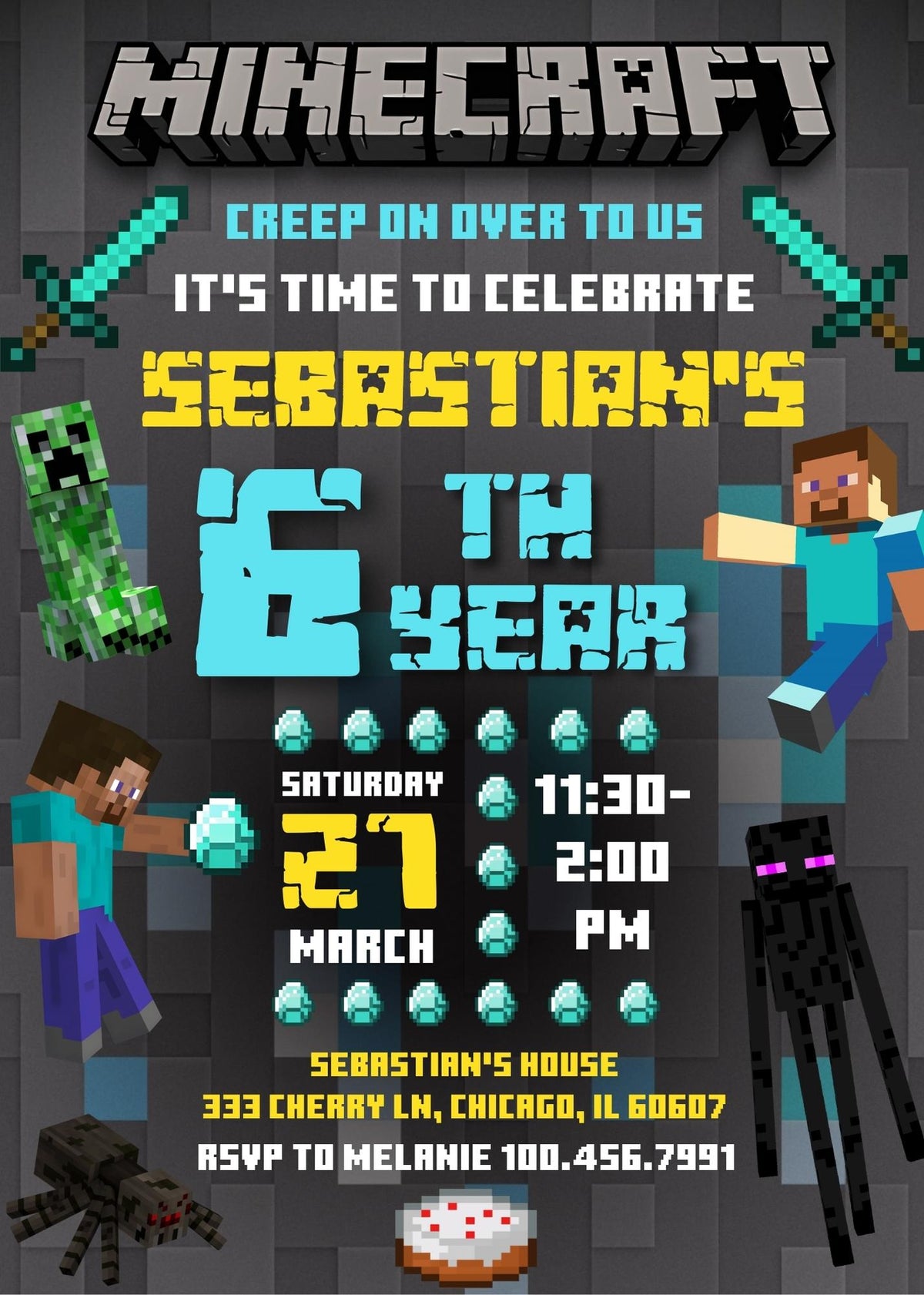 Minecraft Gamer customizable invitation template | Share or Print | PX097