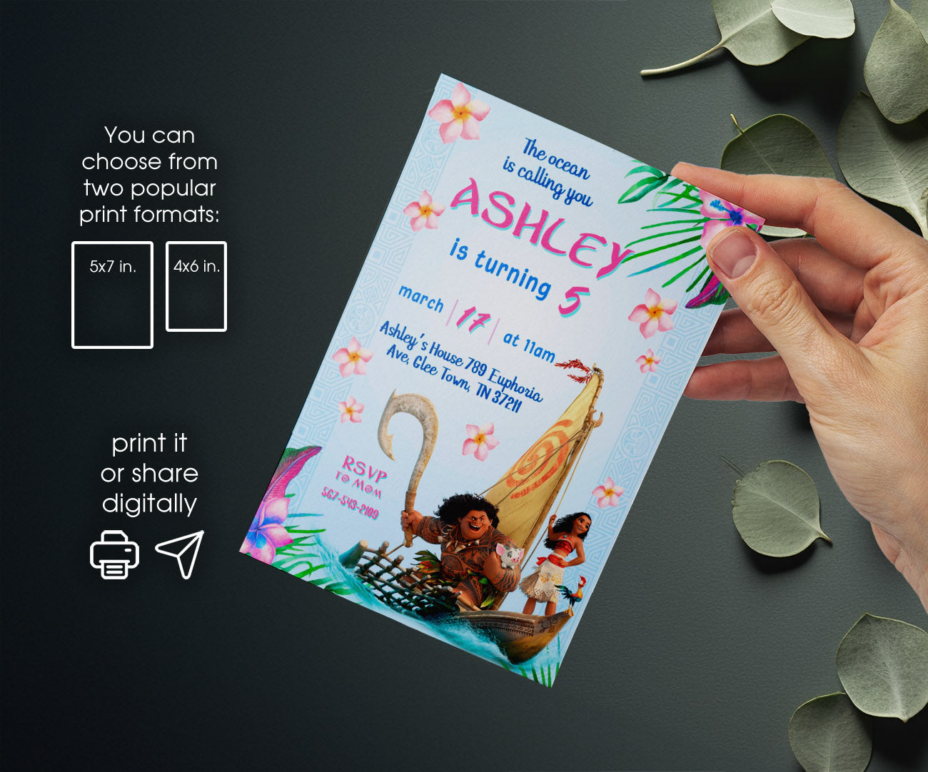 Moana Princess customizable invitation template | Share or Print | girl | HB260