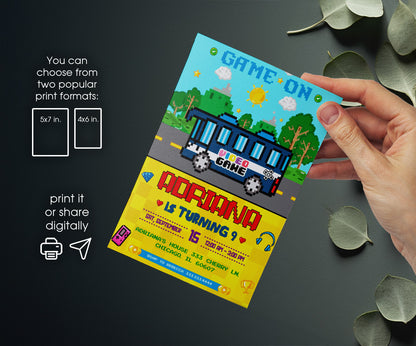 Video Game Bus Gamer customizable invitation template | Share or Print | boy | AG280