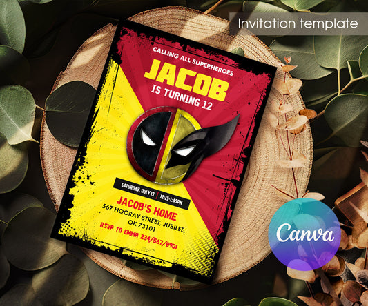 Deadpool Wolverine Marvel customizable invitation template | Share or Print | boy | RW854