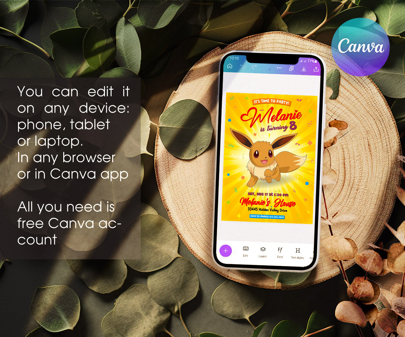 Eevee Pokemon Anime customizable invitation template | Share or Print | SX974
