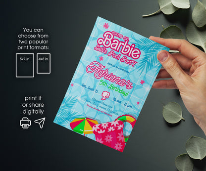 Barbie Pool Pink customizable invitation template | Share or Print | girl | KJ367