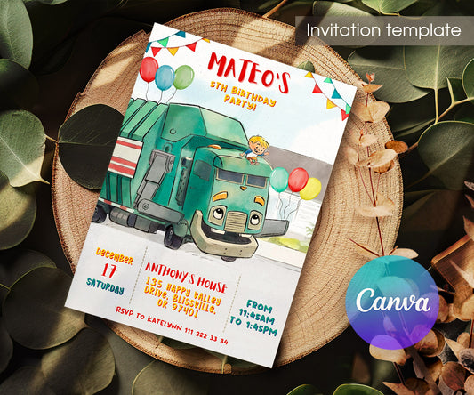 Trash Green Truck customizable invitation template | Share or Print | DF284