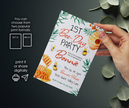 1st Bee Day Party customizable invitation template | Share or Print | XJ992