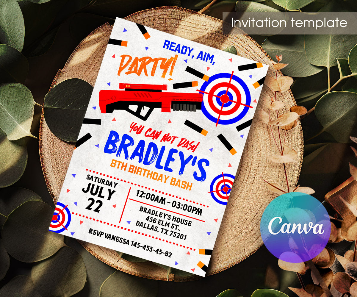 NERF Dart Wars customizable invitation template | Share or Print | boy | AE179