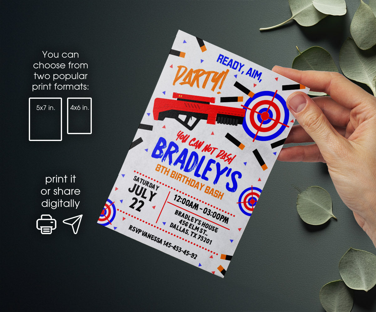 NERF Dart Wars customizable invitation template | Share or Print | boy | AE179